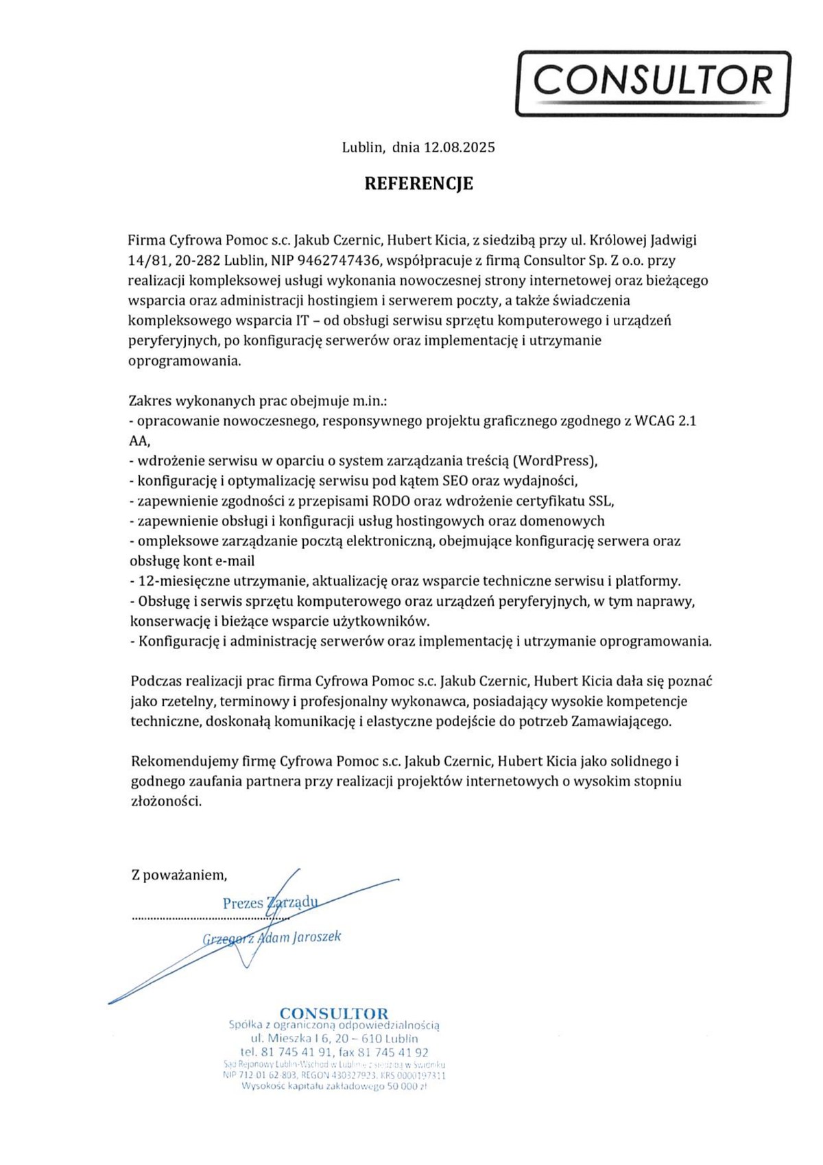 Scan of the signed references issued by Consultor Sp. z o.o.