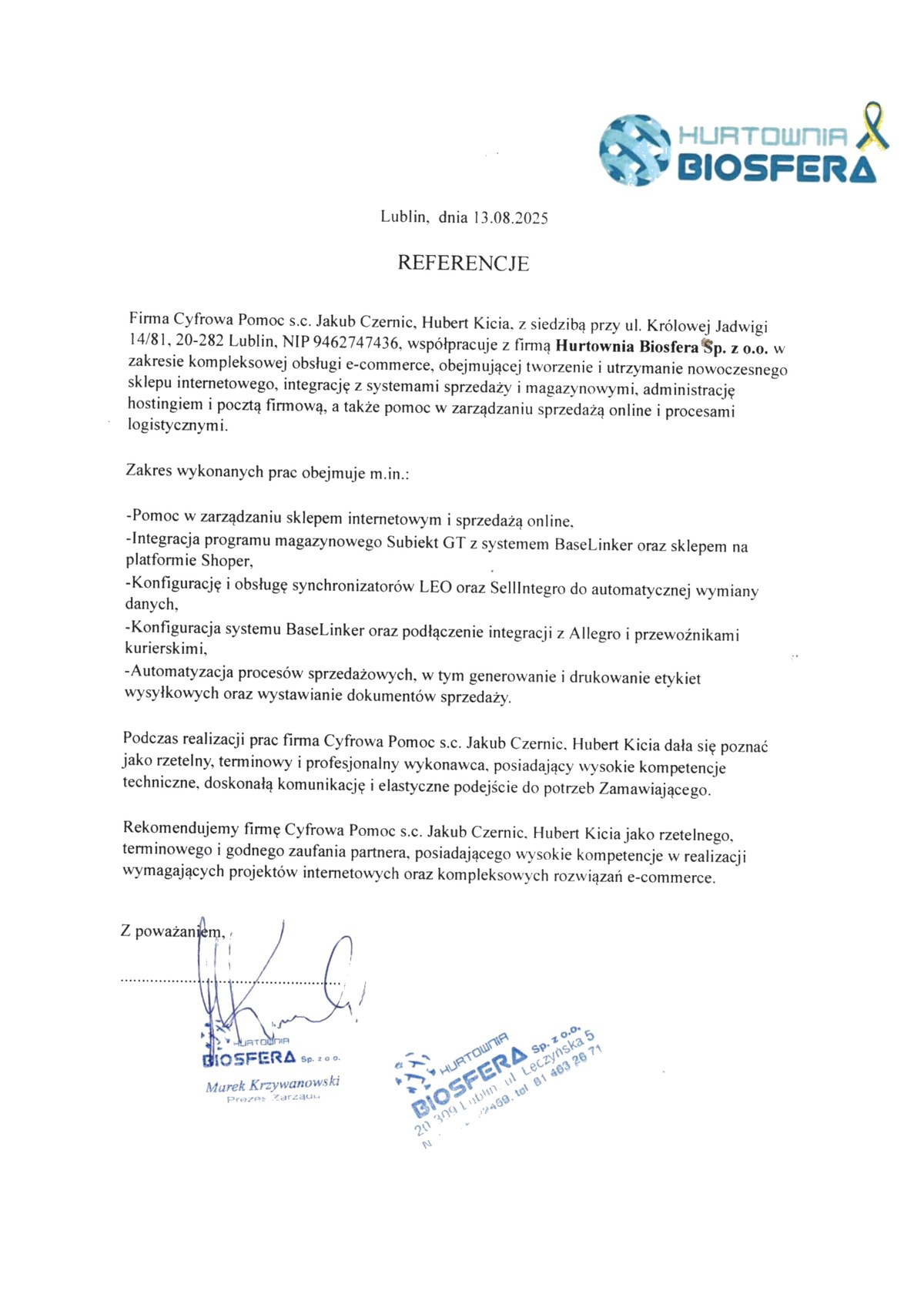 Scan of the signed references issued by Hurtownia Biosfera Sp. z o.o.