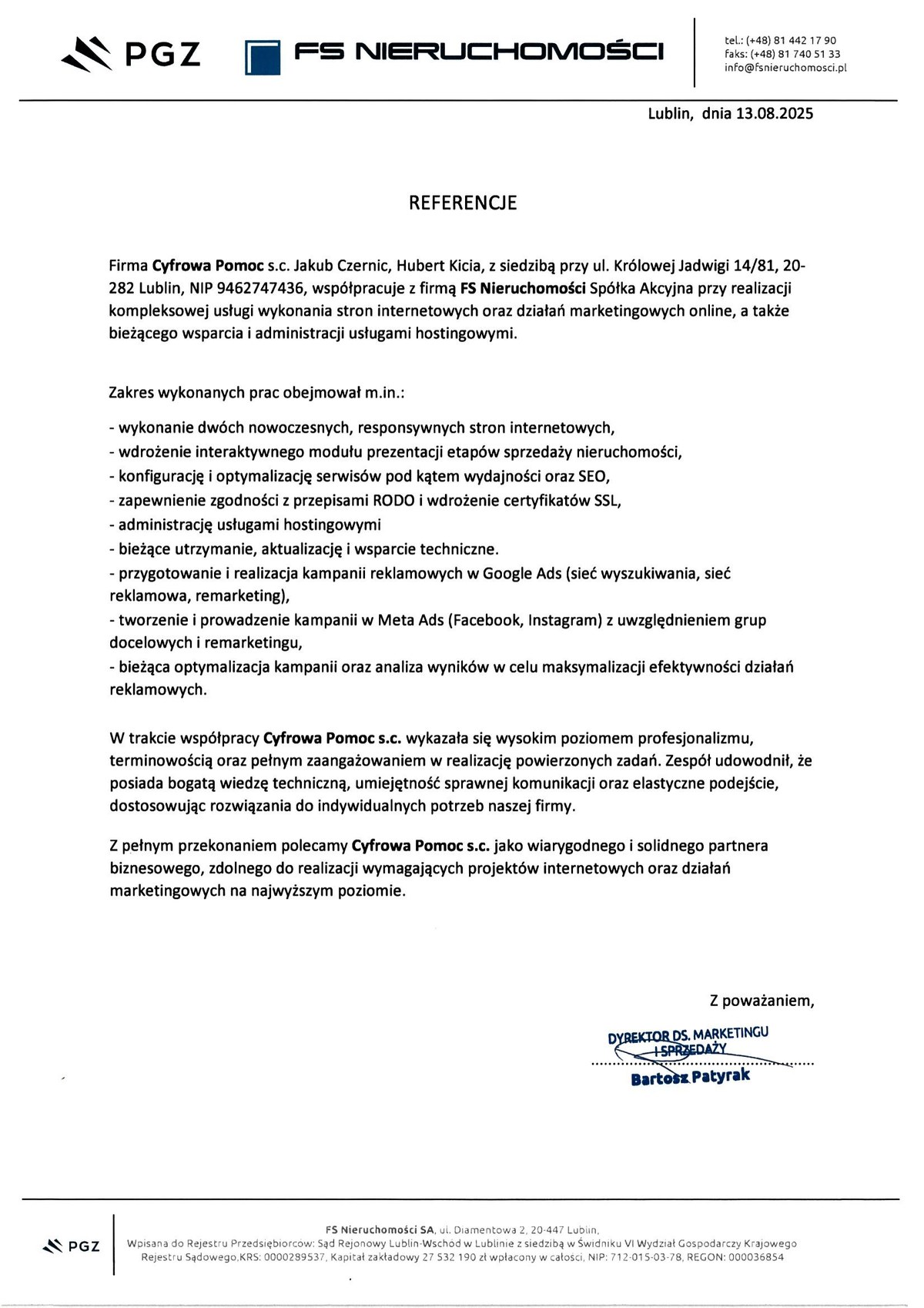 Scan of the signed references issued by FS Nieruchomości S.A.